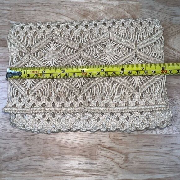 Macrame Crochet Clutch Mini Bag in Natural Beige Fold over Flap, Zip Top Closure - Picture 2 of 11